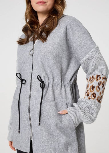 Izabel London Grey Animal Print Zip Front Relaxed Hoodie