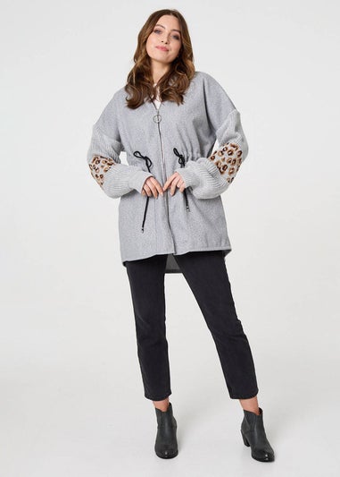 Izabel London Grey Animal Print Zip Front Relaxed Hoodie