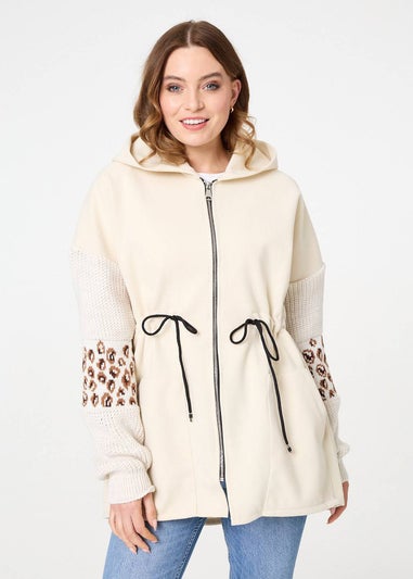 Izabel London White Animal Print Zip Front Relaxed Hoodie