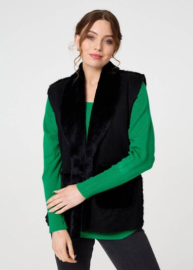 Izabel London Black Faux Fur Lined Suede Pocket Front Vest