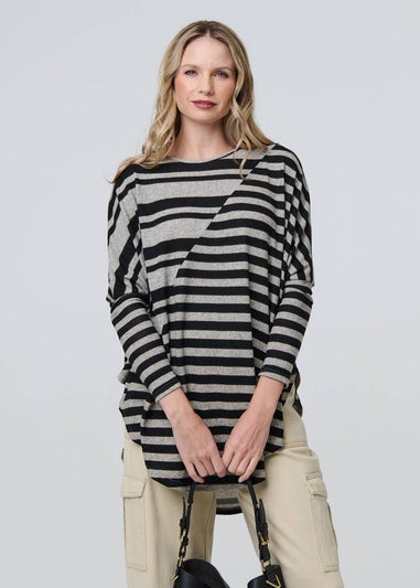 Izabel London Grey Striped Asymmetric Long Sleeve Tunic Top