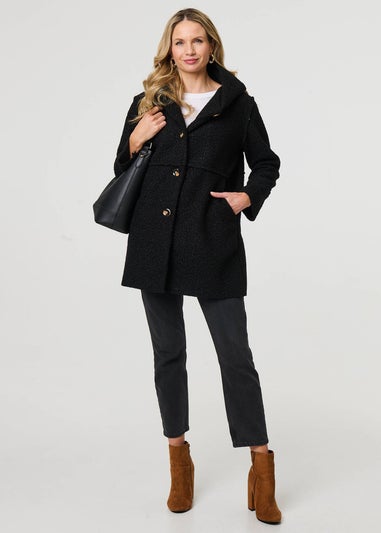 Izabel London Black Knitted Button Detail Hooded Jacket