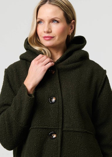 Izabel London Khaki Knitted Button Detail Hooded Jacket