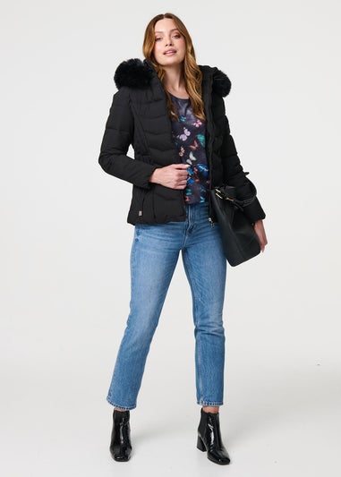 Izabel London Black Faux Fur Hooded Zip-Up Puffer Jacket