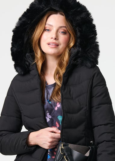 Izabel London Black Faux Fur Hooded Zip-Up Puffer Jacket