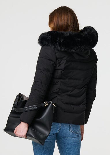 Izabel London Black Faux Fur Hooded Zip-Up Puffer Jacket