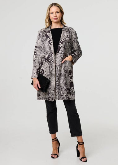 Izabel London Grey Patchwork Print Longline Blazer Jacket