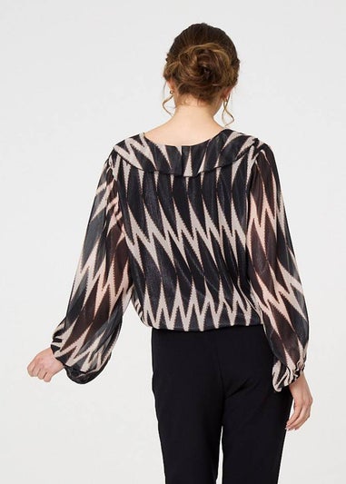 Izabel London Black Printed Semi Sheer Ruffled V-Neck Blouse