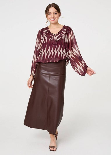 Izabel London Burgundy Printed Semi Sheer Ruffled V-Neck Blouse