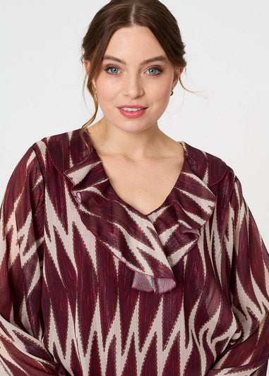 Izabel London Burgundy Printed Semi Sheer Ruffled V-Neck Blouse