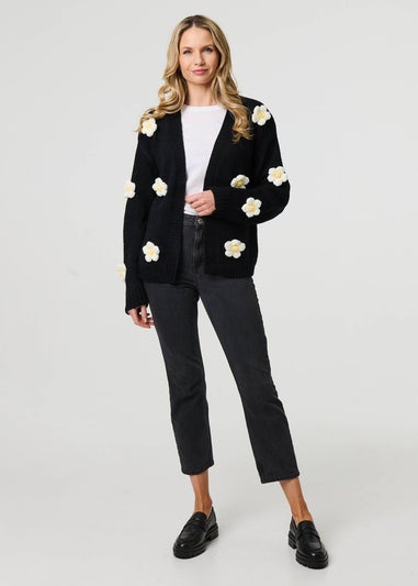 Izabel London Black Floral Crochet Embellished Wrap Cardigan