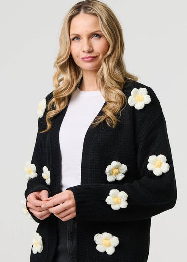 Izabel London Black Floral Crochet Embellished Wrap Cardigan