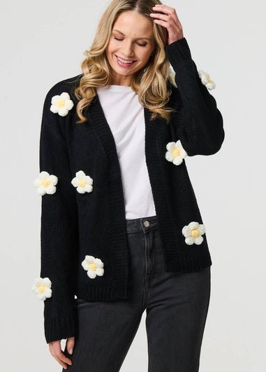 Izabel London Black Floral Crochet Embellished Wrap Cardigan