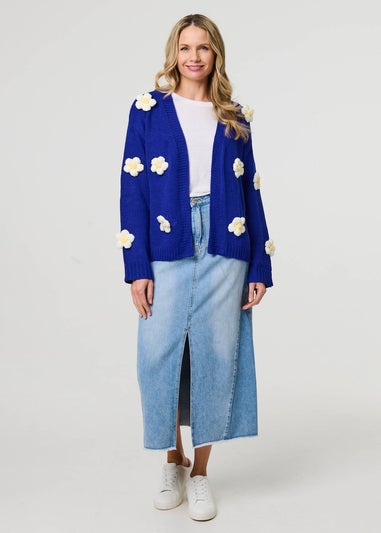 Izabel London Blue Floral Crochet Embellished Wrap Cardigan