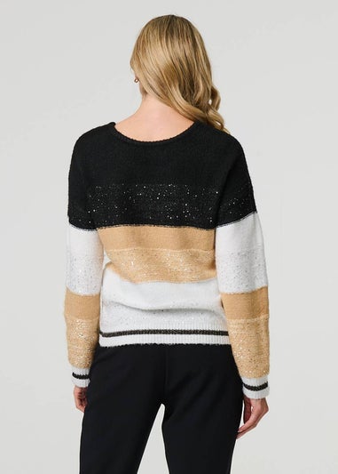 Izabel London Beige Colour Block Drop Shoulder Knit Jumper