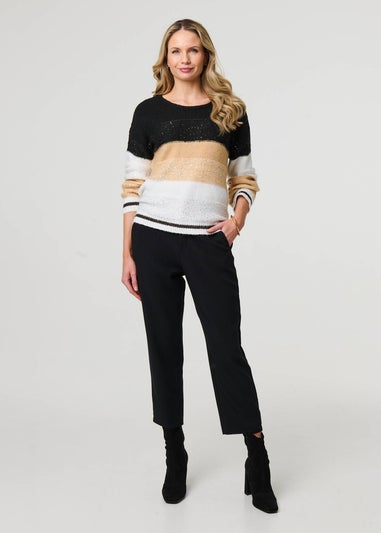 Izabel London Beige Colour Block Drop Shoulder Knit Jumper