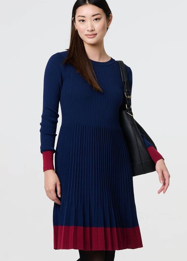 Izabel London Navy Colour Block Tie Neck Short Jumper Dress