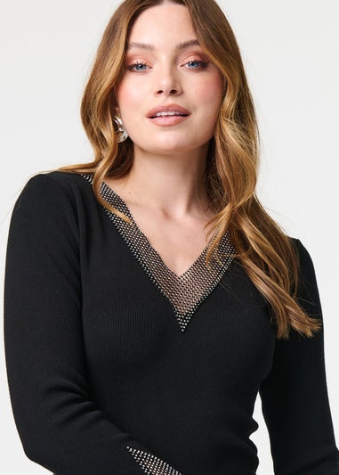 Izabel London Black Sparkle V-Neck Long Sleeve Mini Dress