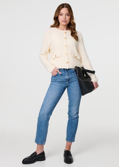 Izabel London Cream Textured Knit Metallic Button Cardigan