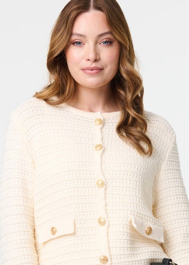 Izabel London Cream Textured Knit Metallic Button Cardigan