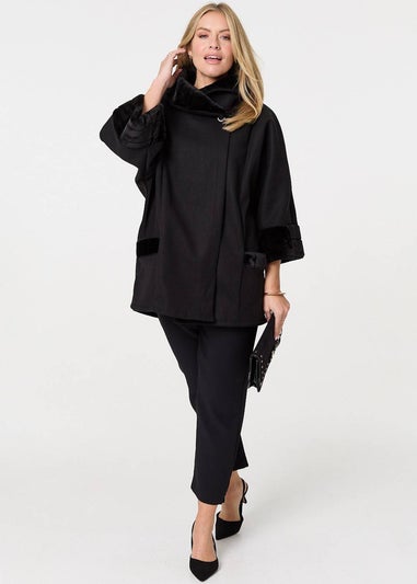 Izabel London Black Faux Fur Trim Cape Coat