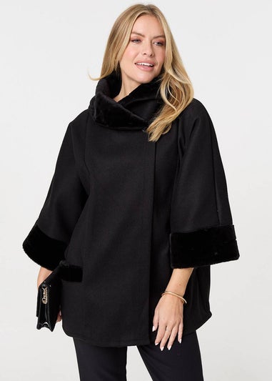 Izabel London Black Faux Fur Trim Cape Coat