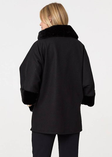 Izabel London Black Faux Fur Trim Cape Coat