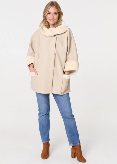 Izabel London White Faux Fur Trim Cape Coat