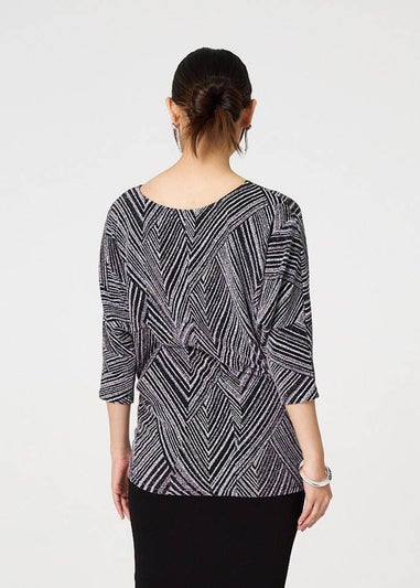 Izabel London Silver Striped Metallic Batwing Sleeve Top