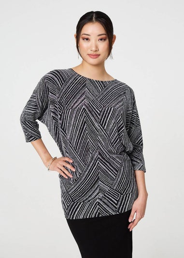 Izabel London Silver Striped Metallic Batwing Sleeve Top