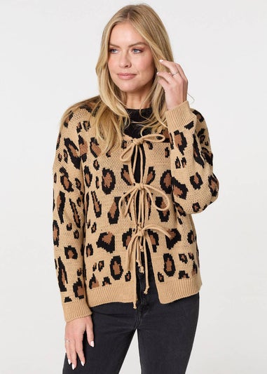 Izabel London Brown Animal Print Tie Front Cardigan