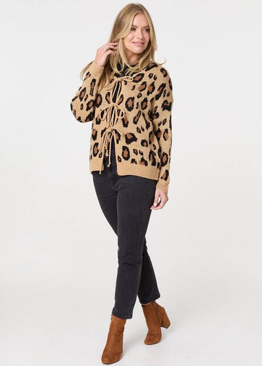 Izabel London Brown Animal Print Tie Front Cardigan