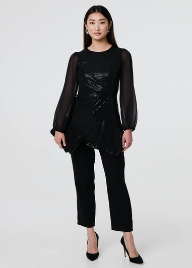 Izabel London Black Semi Sheer Sparkly Long Sleeve Blouse