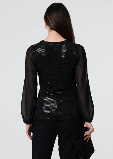 Izabel London Black Semi Sheer Sparkly Long Sleeve Blouse