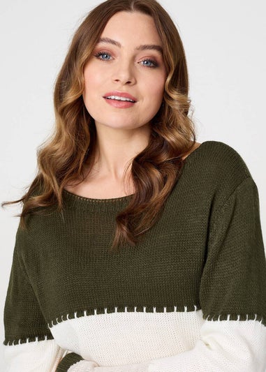 Izabel London Khaki Striped Contrast Stitching Slim Jumper