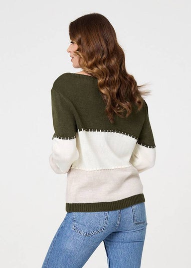 Izabel London Khaki Striped Contrast Stitching Slim Jumper