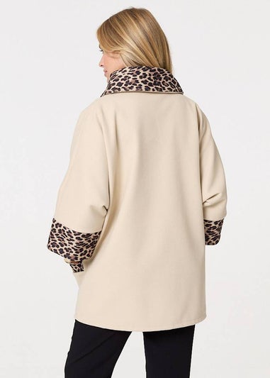 Izabel London White Animal Print Trim Cape Coat