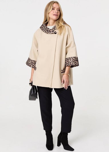 Izabel London White Animal Print Trim Cape Coat