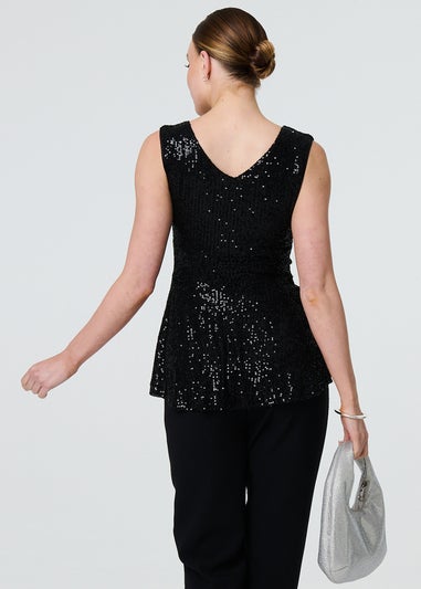 Izabel London Black Sparkly Sequin Sleeveless Peplum Top