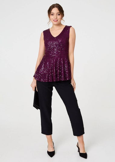 Izabel London Purple Sparkly Sequin Sleeveless Peplum Top