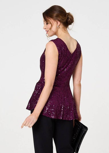 Izabel London Purple Sparkly Sequin Sleeveless Peplum Top