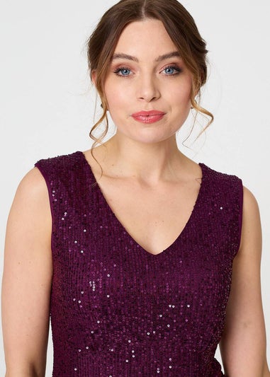 Izabel London Purple Sparkly Sequin Sleeveless Peplum Top