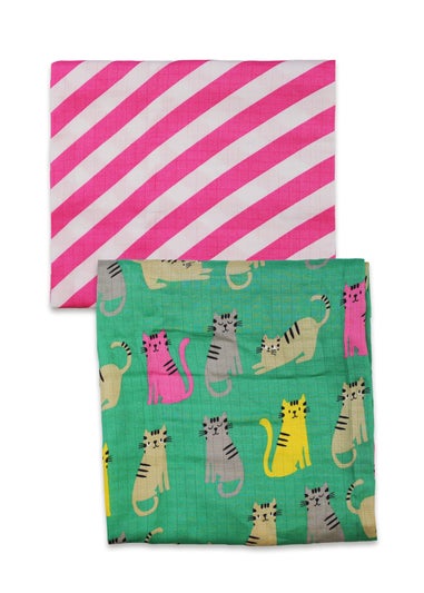 Toby Tiger Organic Green Kitten Print Muslin 2-Pack