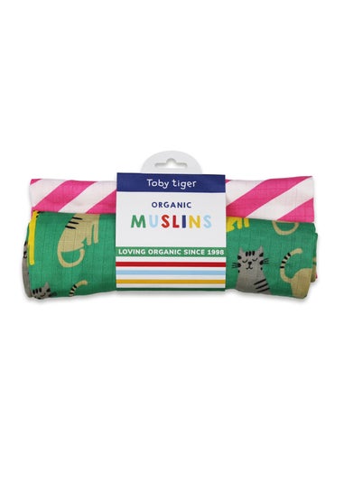 Toby Tiger Organic Green Kitten Print Muslin 2-Pack