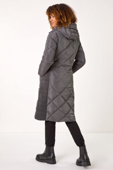 Roman Charcoal Longline Diamond Quilt Hooded Coat