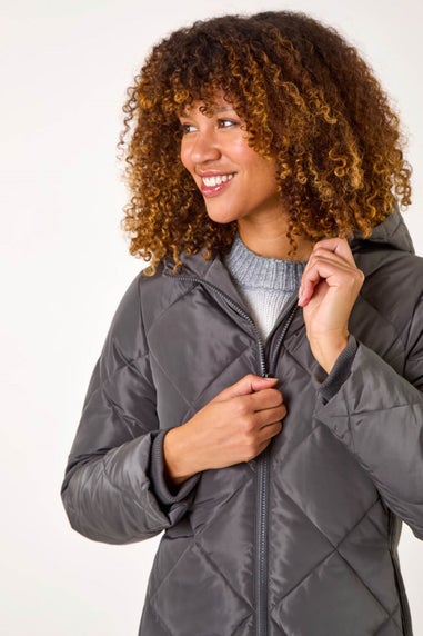 Roman Charcoal Longline Diamond Quilt Hooded Coat