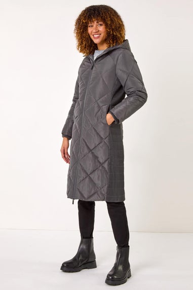 Roman Charcoal Longline Diamond Quilt Hooded Coat