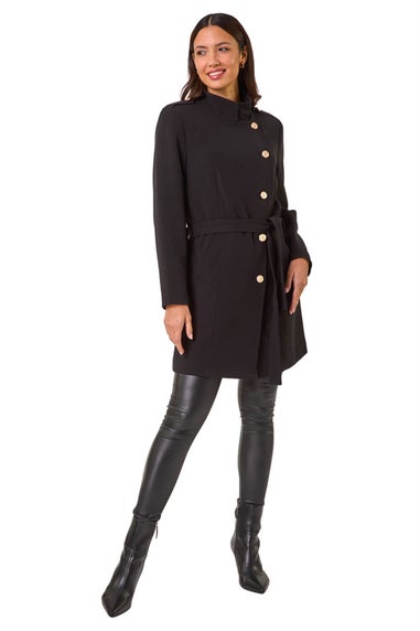 Roman Black Funnel Neck Buttoned Coat