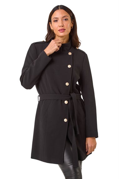 Roman Black Funnel Neck Buttoned Coat