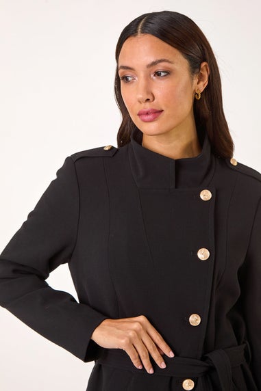 Roman Black Funnel Neck Buttoned Coat